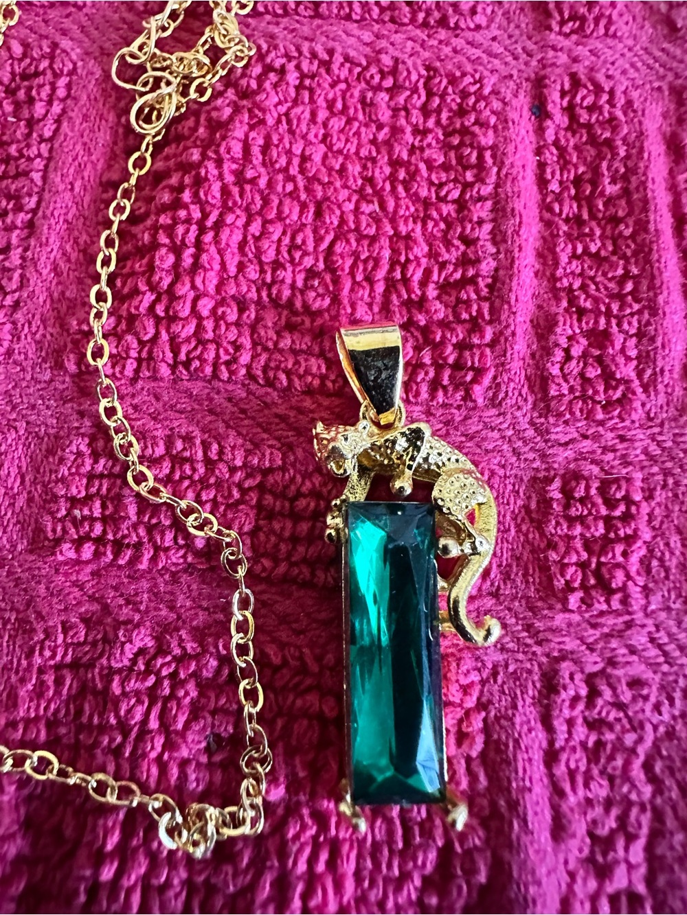 Gold-Tone Panther Pendant Necklace with Emerald Green Stone